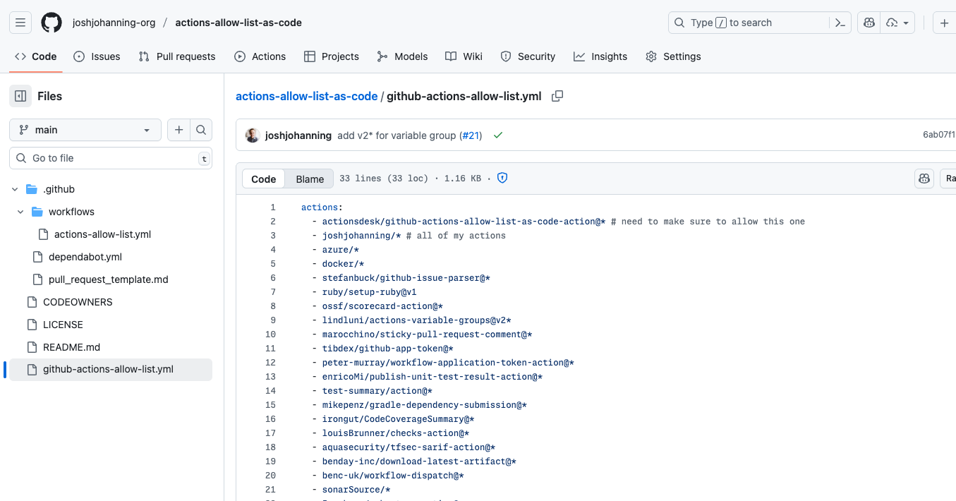 GitHub Actions Allow List as Code workflow