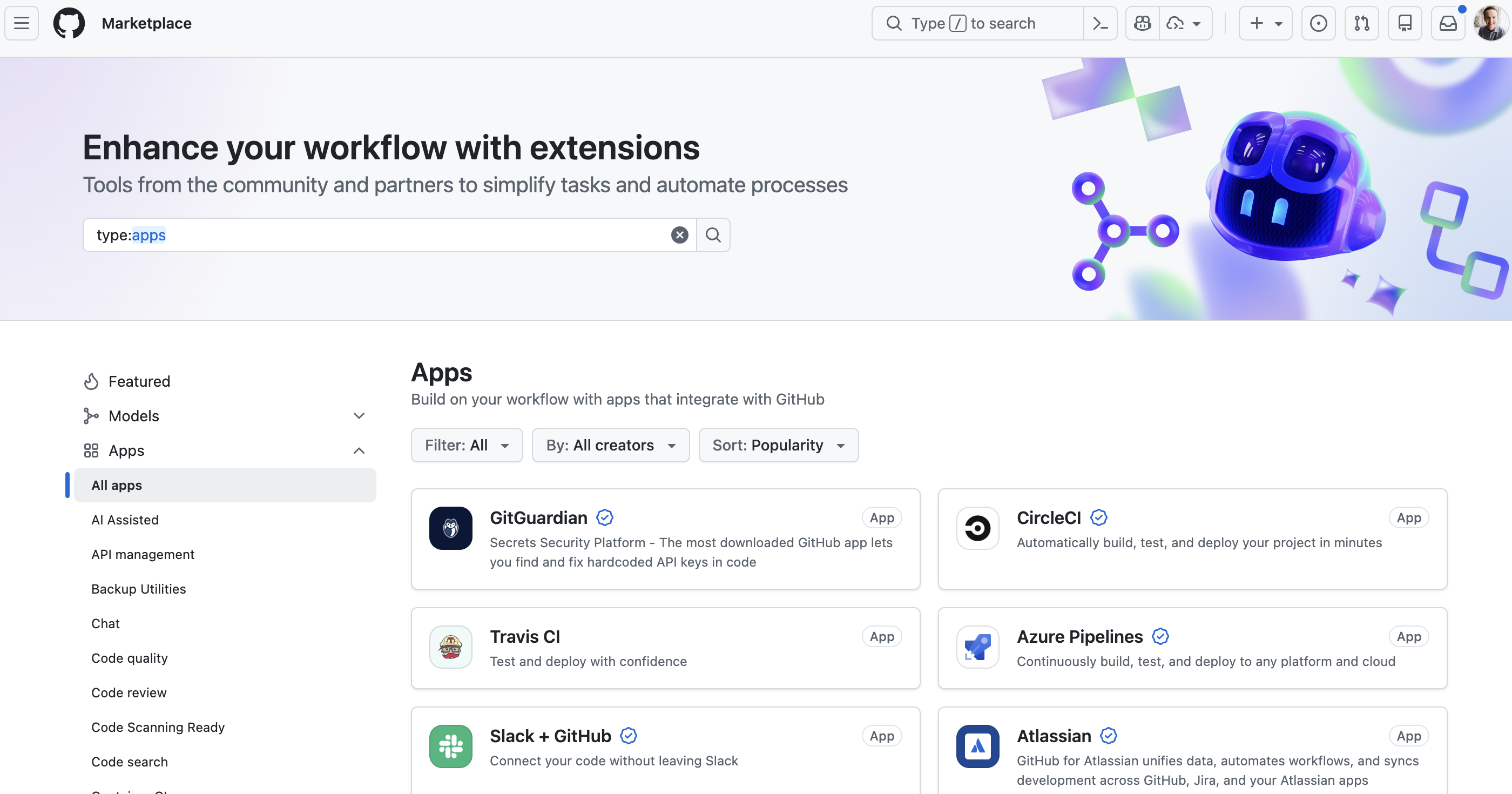 The GitHub Marketplace showing available apps for installation
