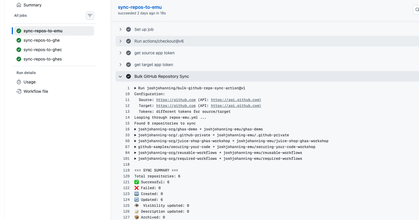 GitHub Actions log output showing bulk repository sync results with source to target mapping