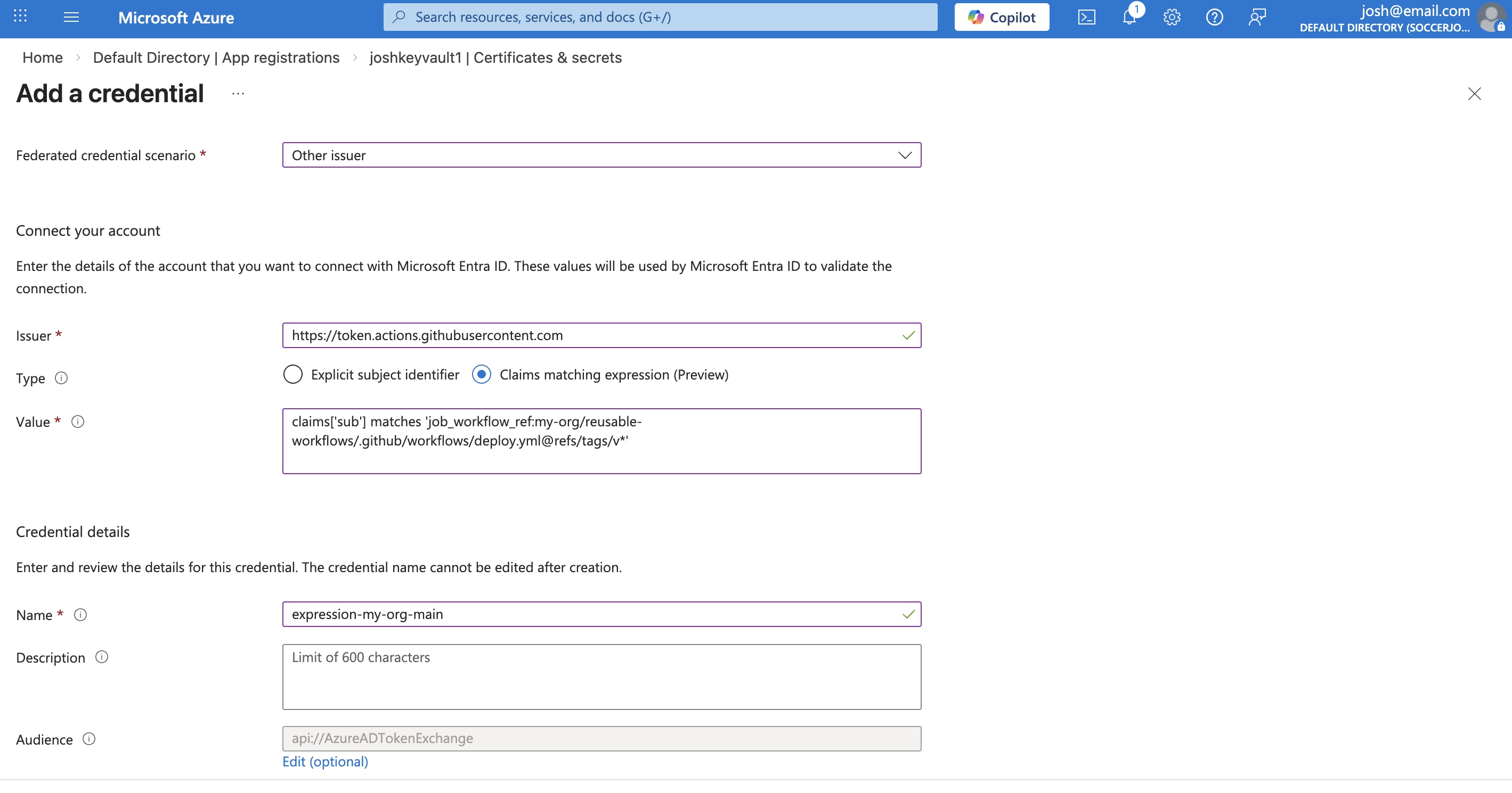 Configuring a claims matching expression in Azure for a federated credential