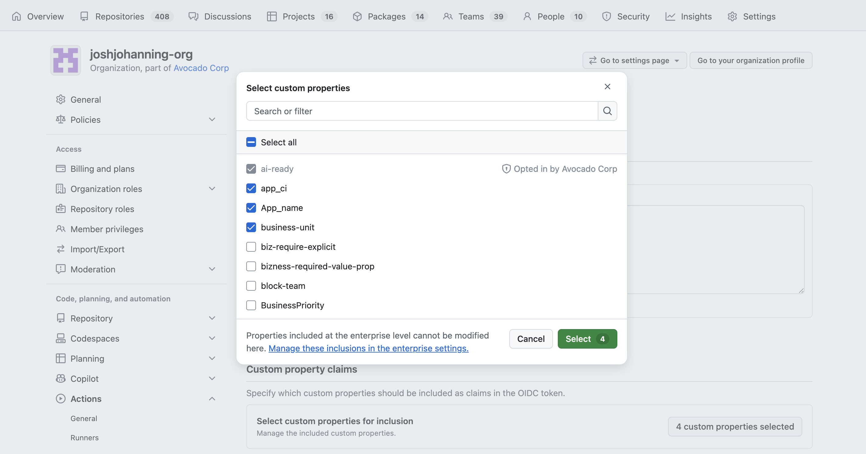 Configuring OIDC settings at the organization level to include repository custom properties as claims