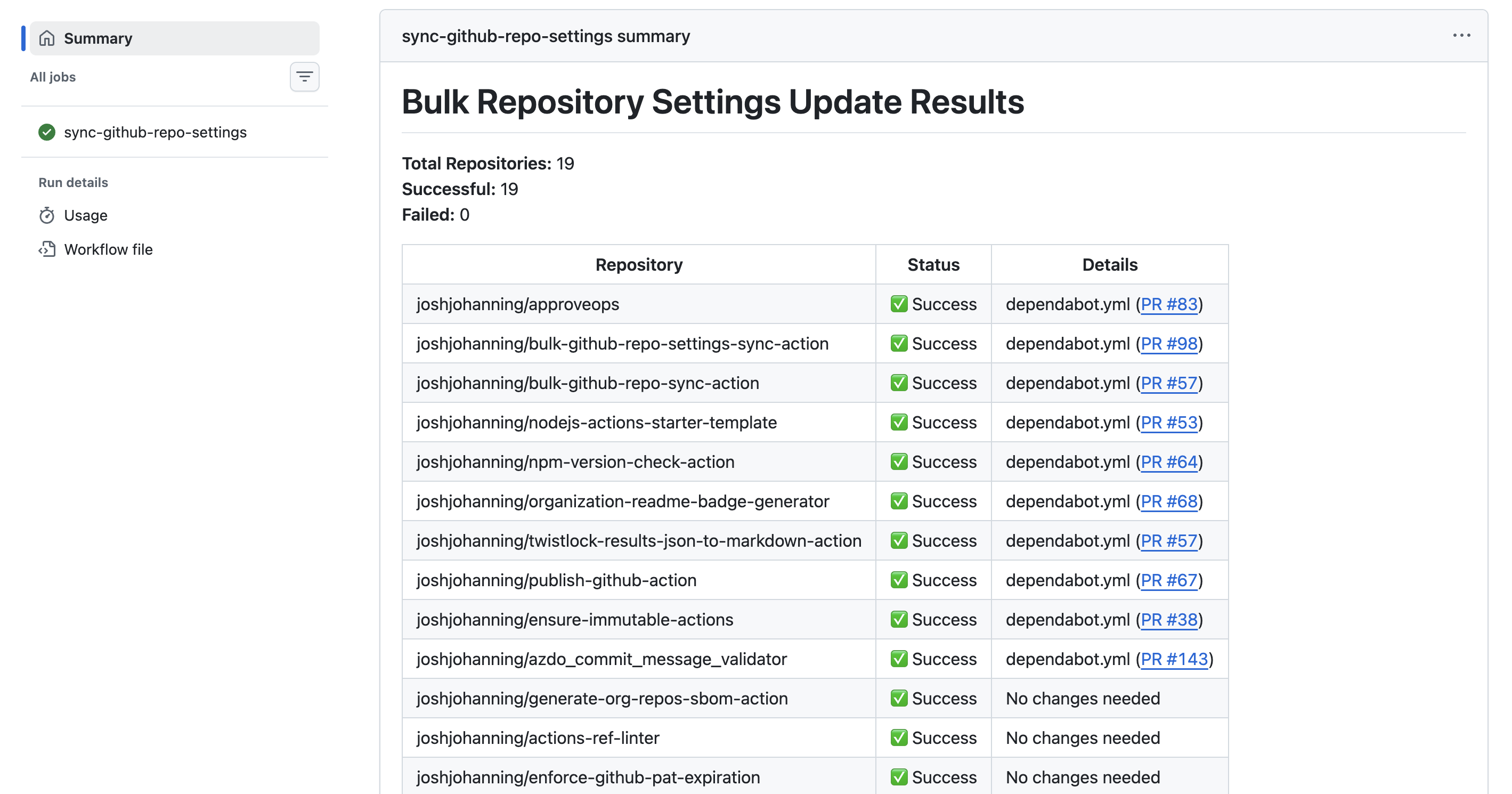 Bulk repository settings sync results showing PRs created across all managed repositories