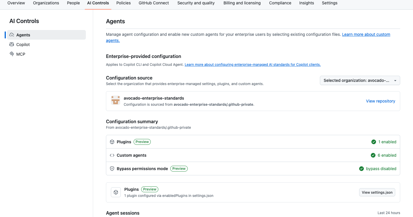 Enterprise Copilot configuration UI showing .github-private as the source for custom agents