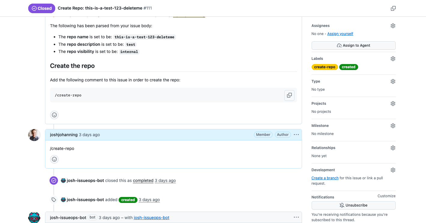An IssueOps workflow creating a repository via a GitHub issue